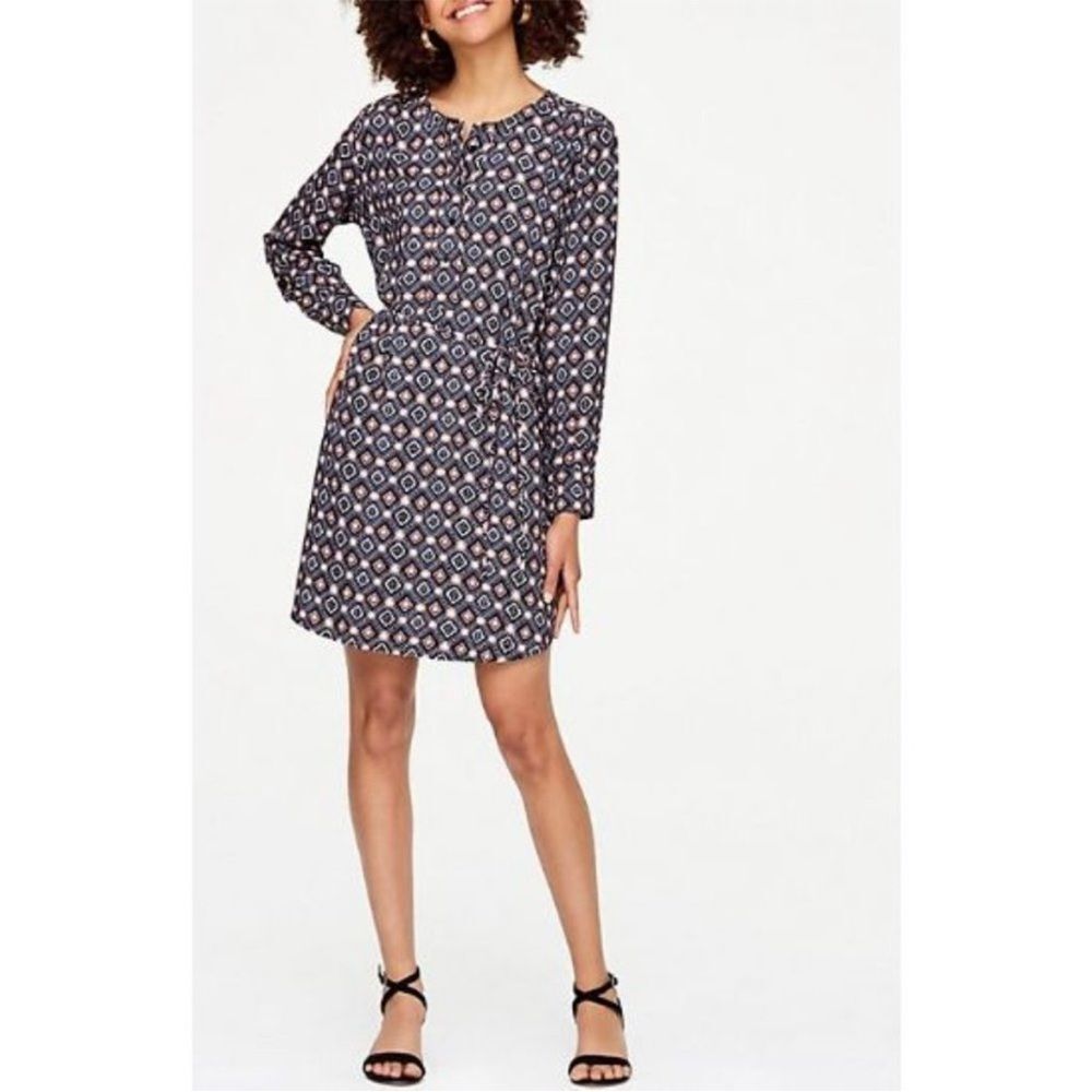 LOFT Multicolor Geometric Long Sleeve Round Neck Tie Front Swing Mini Dress S